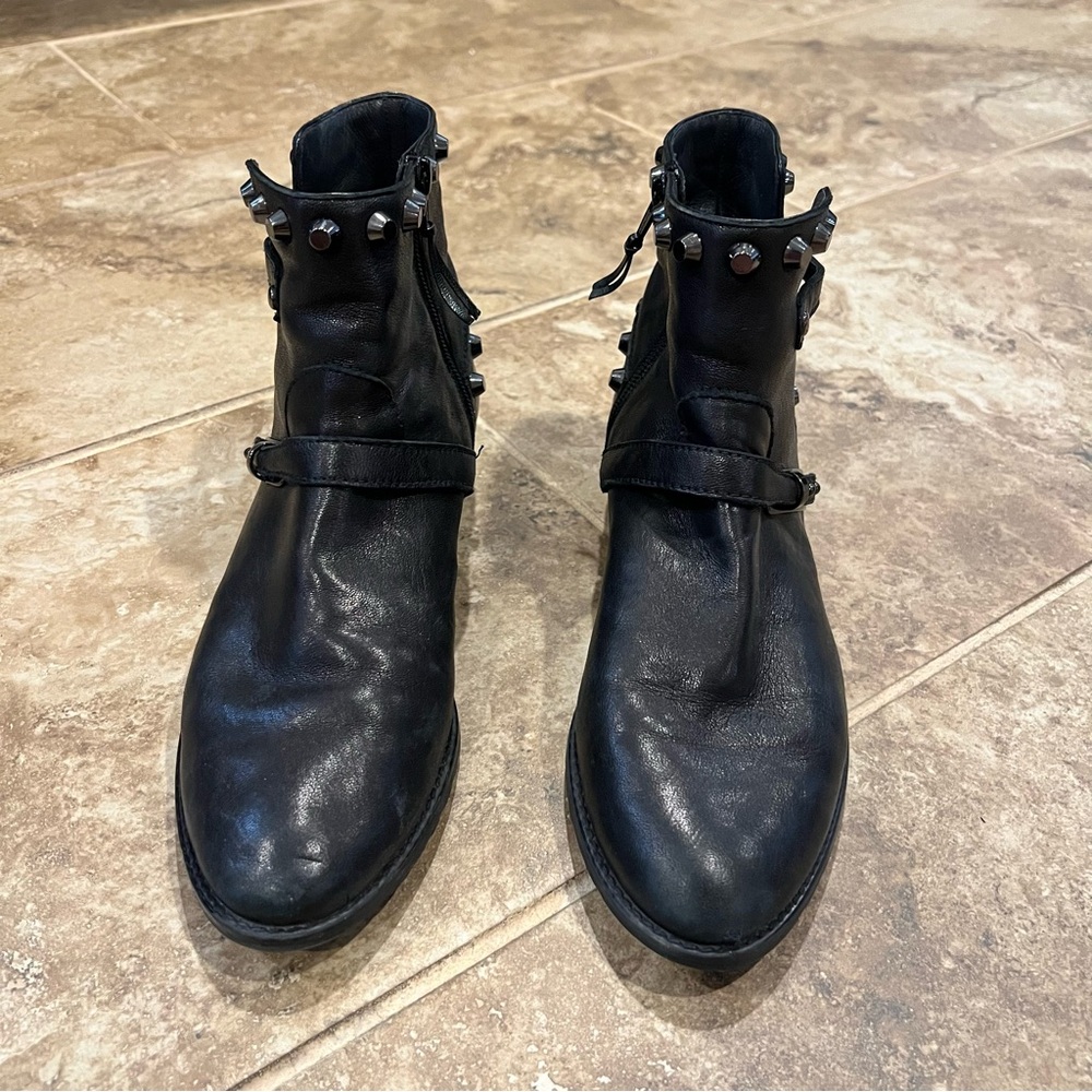 Stuart Weitzman Nappa Leather Silver Studded Moto Boots - Picture 5 of 9